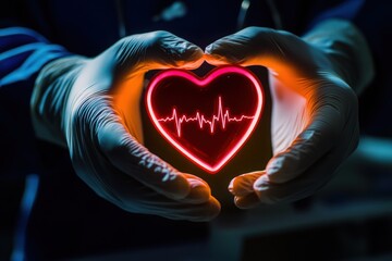 Gloved Hands Holding Glowing Heart with ECG – Symbol of Cardiac Health and Medical Precision