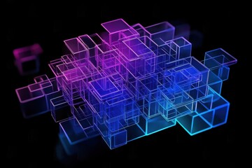 Modern digital abstract 3D surface background. Blue purple transparent cubes modular grid on black background. Generation AI.