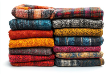 Colorful stacked woolen sweaters in various patterns for cozy winter wear