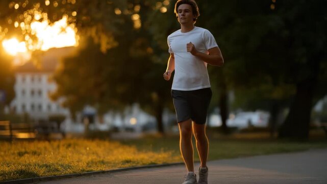 A jogger runs through a tranquil park at sunrise, experiencing the joy of physical activity and the beauty of nature, symbolizing health, energy, and the pursuit of fitness and well-being.