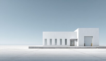 Obraz premium A modern white minimalist building with clean lines stands in an empty space, showcasing contemporary architecture.
