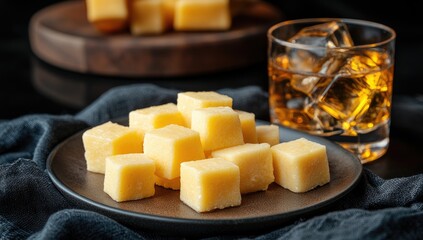 Cheese cubes beside whiskey, grey cloth & wood board back