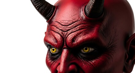 Highly detailed, realistic red horned demon mask with menacing yellow eyes and intricate facial textures, contrasted against a clean white background