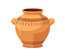 Ancient pottery, vessel. Ceramic pot with rounded shape and handles. Earthenware for storage. Old crock, earthen clay crockery, wide vase. Flat vector illustration isolated on white background