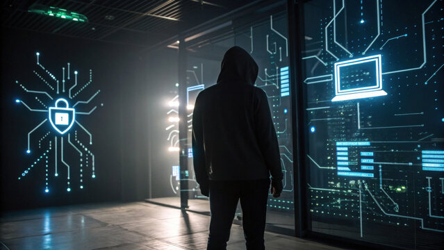 Mysterious hacker silhouette in dark server room facing glowing cybersecurity shield screen, symbolizing clandestine digital data crime
