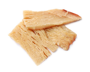 Pieces of tasty dried squid isolated on white, above view