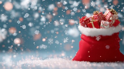 Colorful presents in a red sack surrounded by falling snowflakes and a winter scene