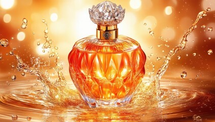 Amber bottle surrounded by splashing liquid, bokeh lights