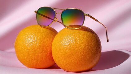 Rainbow lens glasses rest on oranges, pink backdrop