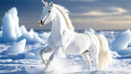 Majestic white unicorn prances across snowy, icy landscape