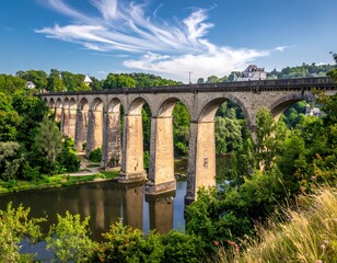 Stone arch bridge over a river, lush landscape