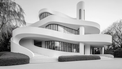 Modern curved white house with many windows, monochrome