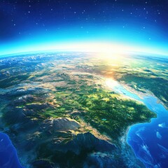 Earth's curve, sunrise illuminating landscapes from space