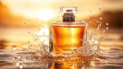 Perfume bottle with water splash against sunlit water