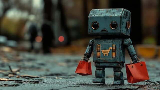 Sad Robot Toy Carries Shopping Bags Outdoors.