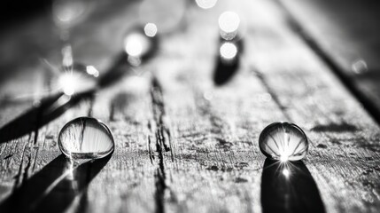 Close up monochrome shot of clear droplets on textured wooden surface