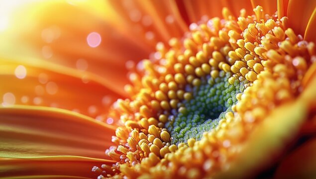 Orange daisy close-up; radiant, soft-focused light