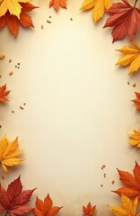 Autumn maple leaves in golden and red hues frame a light beige background with scattered seeds. This design evokes fall season, creating a warm, natural aesthetic for various projects and invitations.