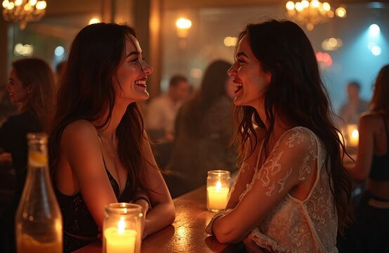 Two brunette women laugh, talk at cozy bar counter. Friends enjoy night out in modern club. Candles light up scene, creating warm ambiance. They socialize, smile and have fun together at evening.