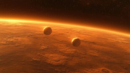Two moons orbit a red, dusty planet against dark space