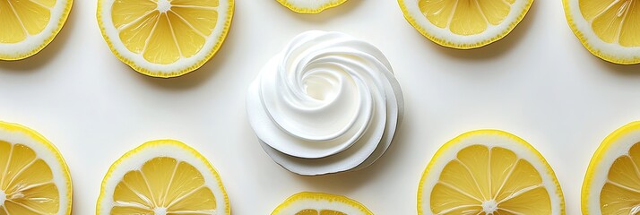 Cream swirl with lemon slices on white backdrop
