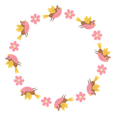 Flying Bird and Flower Frame. Spring and Summer Round Border with pink blossom and songbird. Cute Pastel Circle wreath for greeting card and invitation. Vector illustration