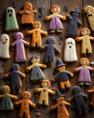 Parade of enchanted Halloween cookies with playful expressions on wooden table