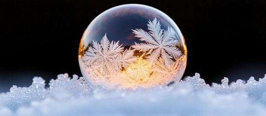 Frozen soap bubble with intricate ice crystal patterns