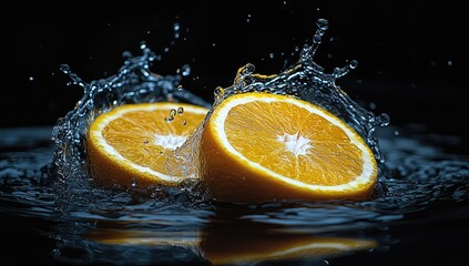 Sliced oranges splash in water against a black backdrop