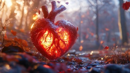 Glowing heart rests in autumn leaves on forest floor