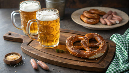 Festive Oktoberfest still life with golden beer, pretzel, and sausage on rustic wooden board. traditional German pub celebration
