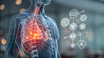 Conceptual illustration of human lung disease and virus infection. Futuristic medical technology analyzes anatomy and biological data network