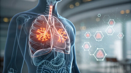 Serious medical illustration of human lung anatomy with concerning cancer or disease. This conceptual image shows futuristic healthcare technology