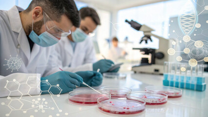Focused male scientist team in laboratory doing medical research experiment with petri dish, analyzing sample for biotechnology discovery