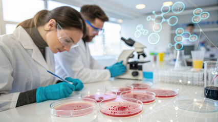 Focused scientist team in laboratory conducting research. man and woman work on science experiment with microscope and technology