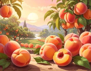 Vibrant peaches in a picturesque orchard with a stunning sunset backdrop
