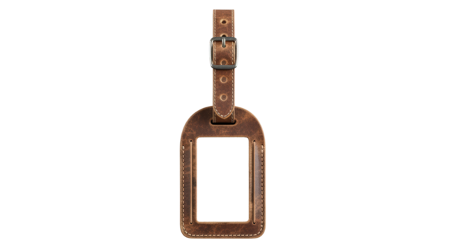 Elevate your travel style with this stunning brown leather luggage tag featuring a classic metal buckle and elegant stitching