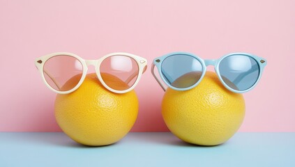 Citrus with sunglasses against pink, blue background