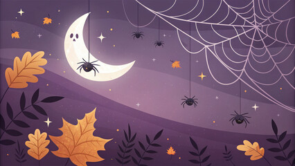 Whimsical Halloween night illustration with serene moon, spooky spider on web, and falling autumn leaf against dark purple background