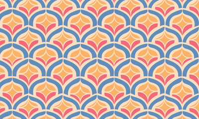 Elegant Art Nouveau Geometric Seamless Pattern, Vintage Arch and Star Background in Blue and Orange