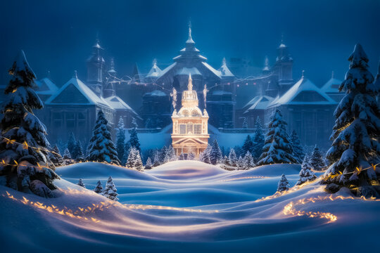A snowbound square of illuminated alpine village high in snowy mountains at snowfall winter night. With no people festive. Christmas Village. Christmas Background