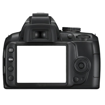 Professional black DSLR camera back view, perfect for showcasing photography tech and creative concepts.