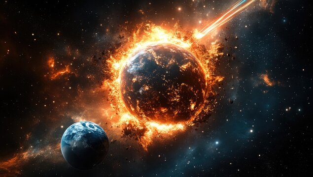 Burning planet, Earth nearby, meteor across deep space - Powered by Adobe