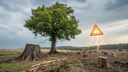 Deforestation awareness concept with lone tree. warning sign showing environmental danger and destruction of natural world