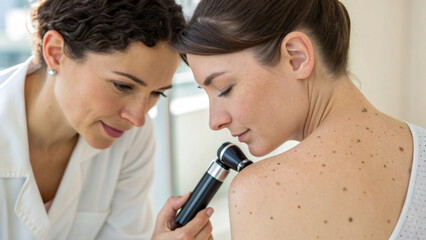 Focused dermatologist examining calm patient skin mole during healthcare checkup. Medical doctor uses dermatoscope for cancer diagnosis