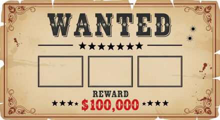 Design an authentic old West wanted poster template with a generous reward, perfect for themed events and creative projects