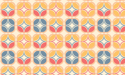 Retro Mid-Century Geometric Floral Seamless Pattern, Vintage Star and Leaf Background in Pink, Blue and Yellow