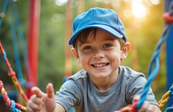Young boy plays on colorful playground rope structure outdoors. Wears blue cap, grey t-shirt. Child smiles broadly at camera. Active fun on sunny summer day. Happy kid enjoys outdoor play time with