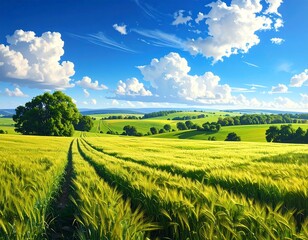 Vibrant Landscape of Green Fields Under a Sunny Blue Sky with Clouds