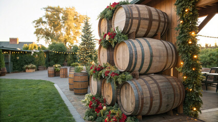 Festive outdoor decoration with rustic wood barrel stack at winery. This charming holiday christmas background evokes warm celebratory feelings